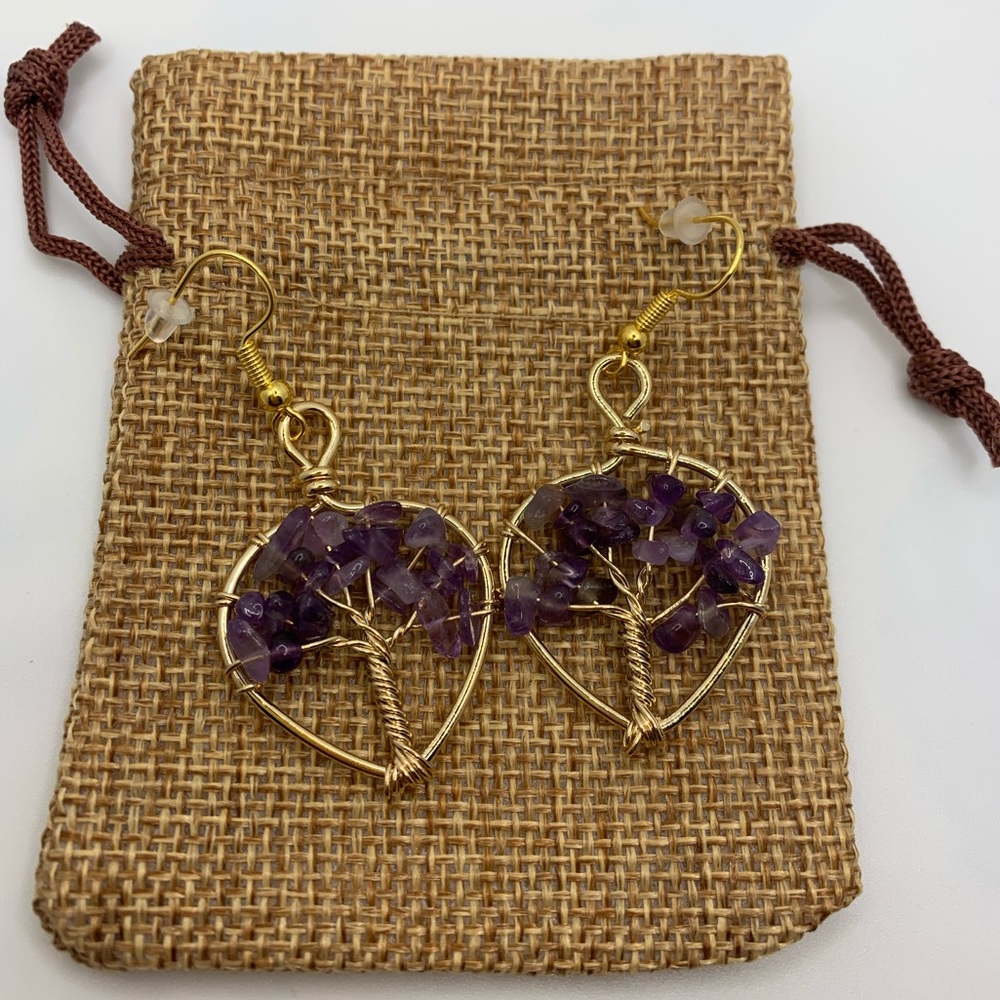 BrandNew Tree Of Life Amethyst Earrings Wire-wrapped Amethyst Crystal Earrings